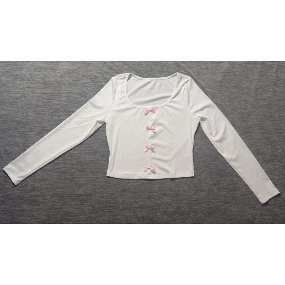 White Knit Blouse Pink Bows Long Sleeve Top NWOT Jirai Kei Coquette Balletcore
